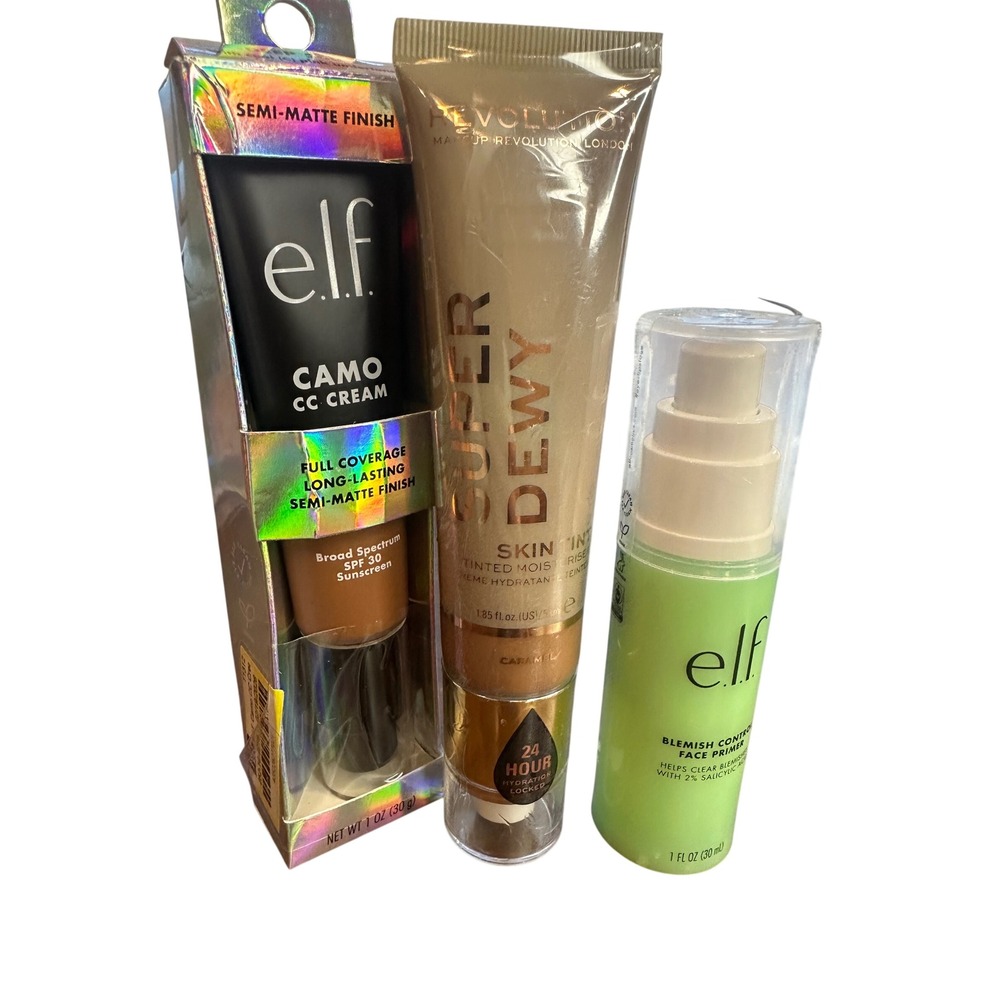 ELF Camo CC Cream Tan 370W Revolution Superdewy Skin Tint Caramel & Primer Set